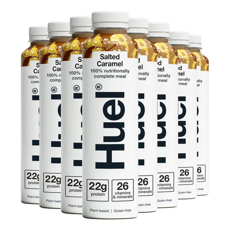 Multiple bottles of Hue Salted Caramel meal replacement shake on a white background