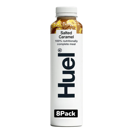 Huel Salted Caramel meal replacement shake container on a white background