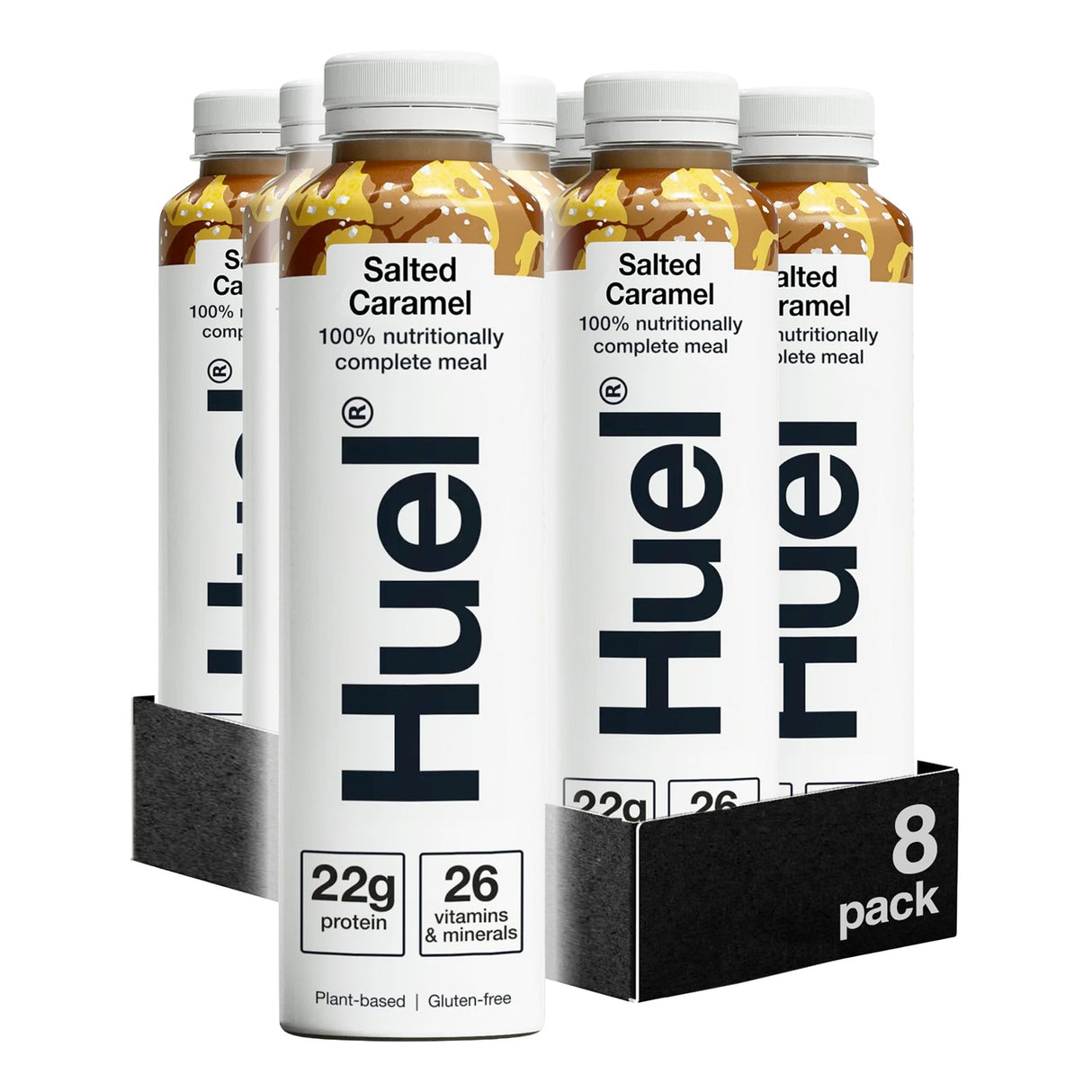 Huel Salted Caramel meal replacement bottles in a 8-pack on a white background