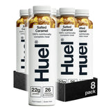 Huel Salted Caramel meal replacement bottles in a 8-pack on a white background