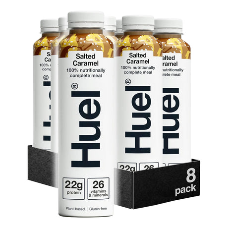 Huel Salted Caramel meal replacement bottles in a 8-pack on a white background