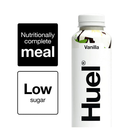 Huel vanilla meal replacement shake container with nutritional text 