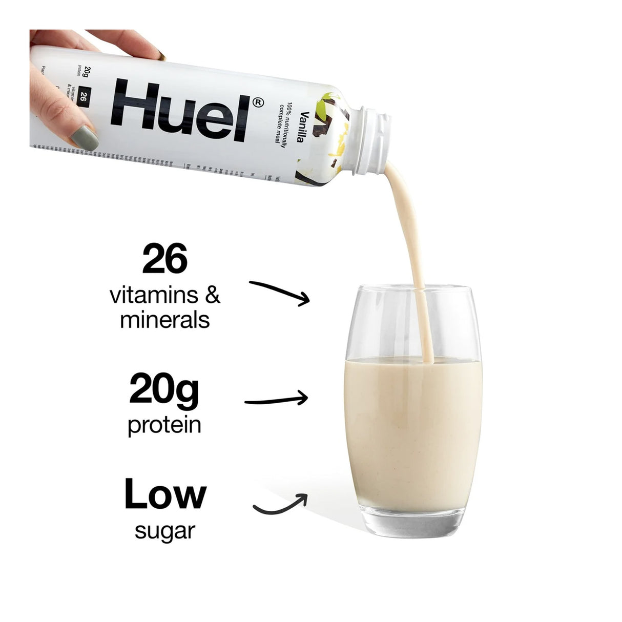 Huel protein shake being poured into a glass with nutritional information displayed.
