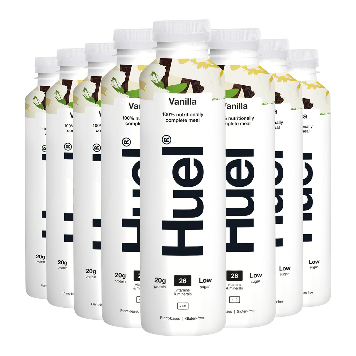 Multiple bottles of Hue Vanilla meal replacement shake on a white background