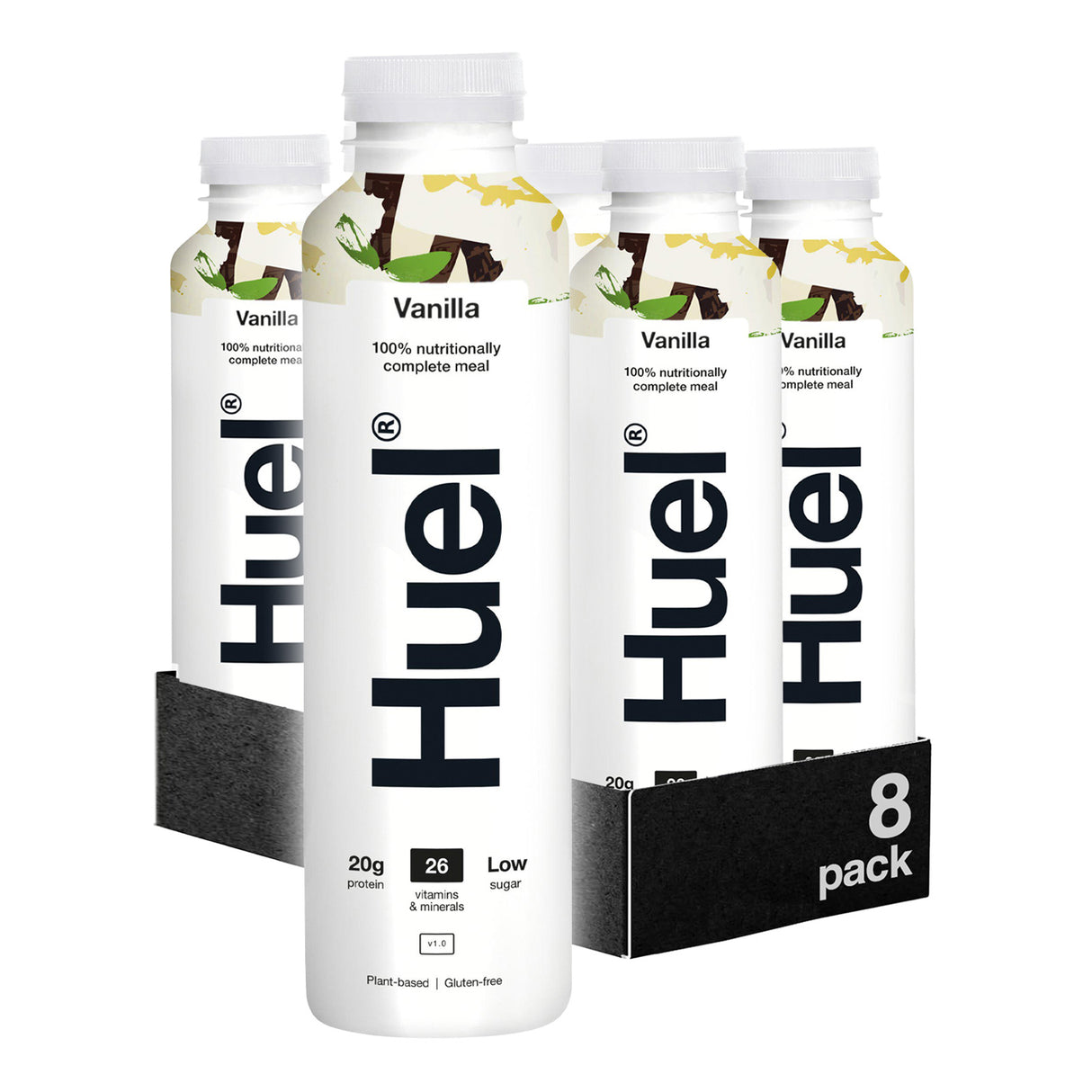 Huel vanilla nutritional meal replacement drinks in a 8-pack box on a white background