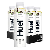 Huel vanilla nutritional meal replacement drinks in a 8-pack box on a white background