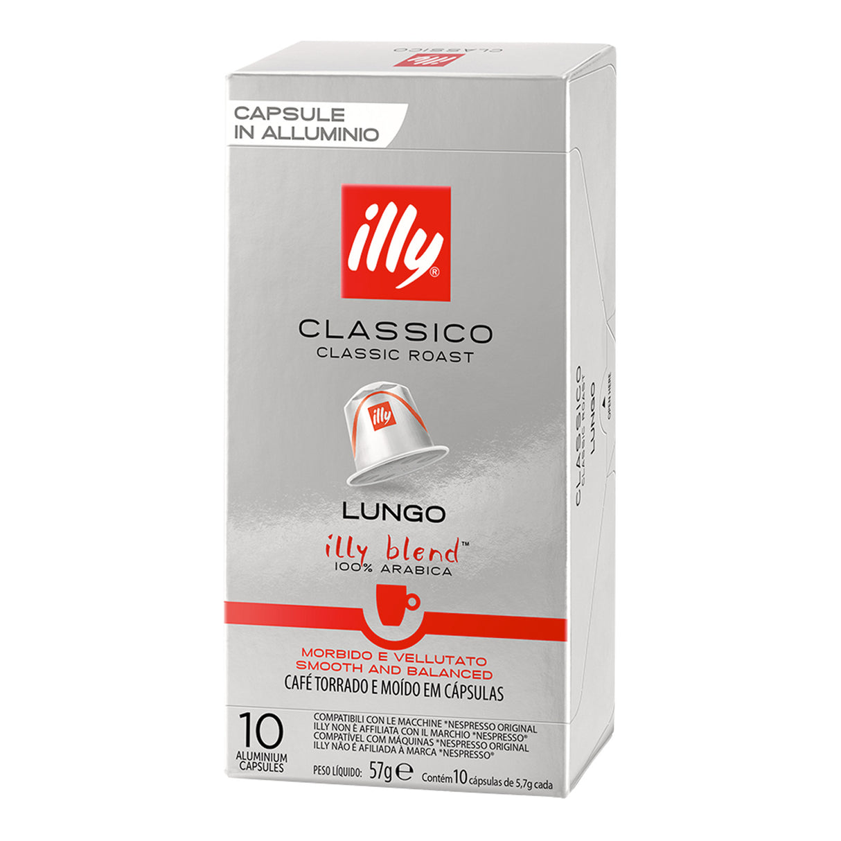 Box of illy Classico Lungo coffee capsules on a white background