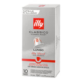 Box of illy Classico Lungo coffee capsules on a white background