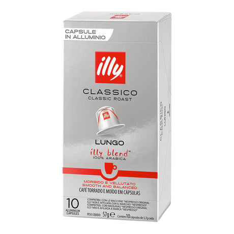 Box of illy Classico Lungo coffee capsules on a white background