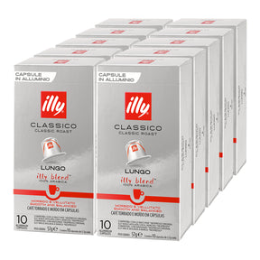 Multiple boxes of Illy Classico Classic Roast coffee capsules on a white background