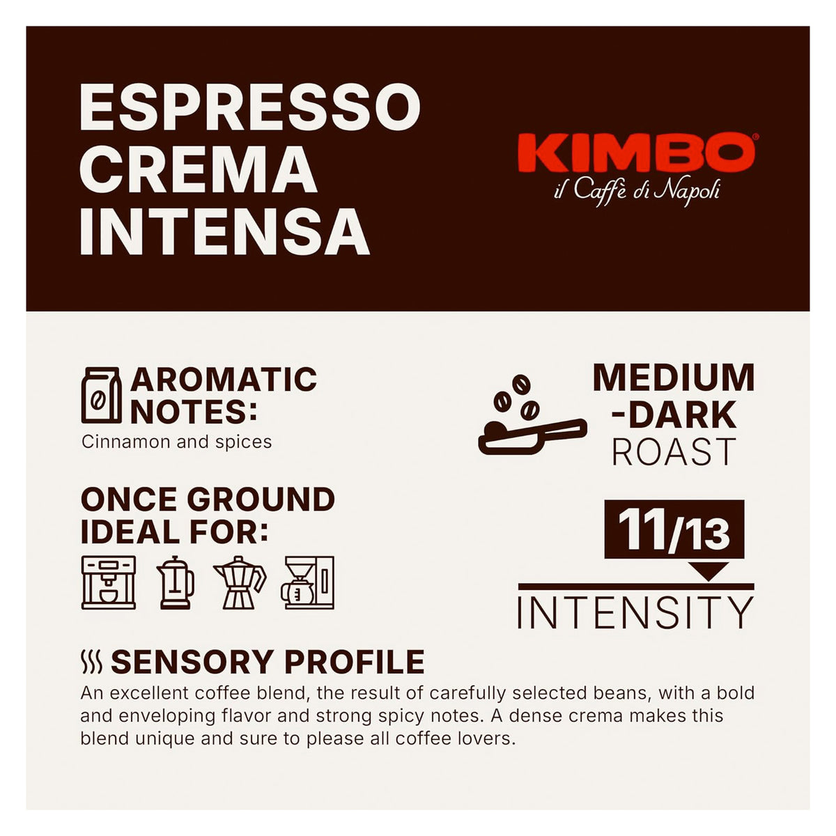 Kimbo Creams intensa notes, flavour cinnamon and spices, medium dark roast intensity 11 out of 13