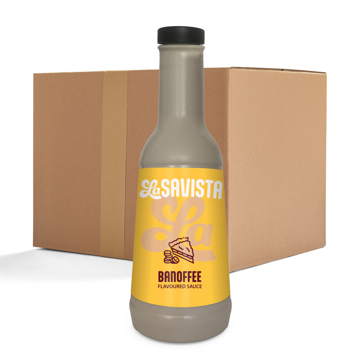 A bottle of LaSavista Banoffee Flavoured Sauce in the foreground with a brown cardboard shipping box behind it on a white background.