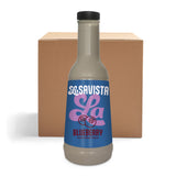 A bottle of LaSavista Blueberry Flavoured Sauce in front of a plain brown cardboard box on a white background.