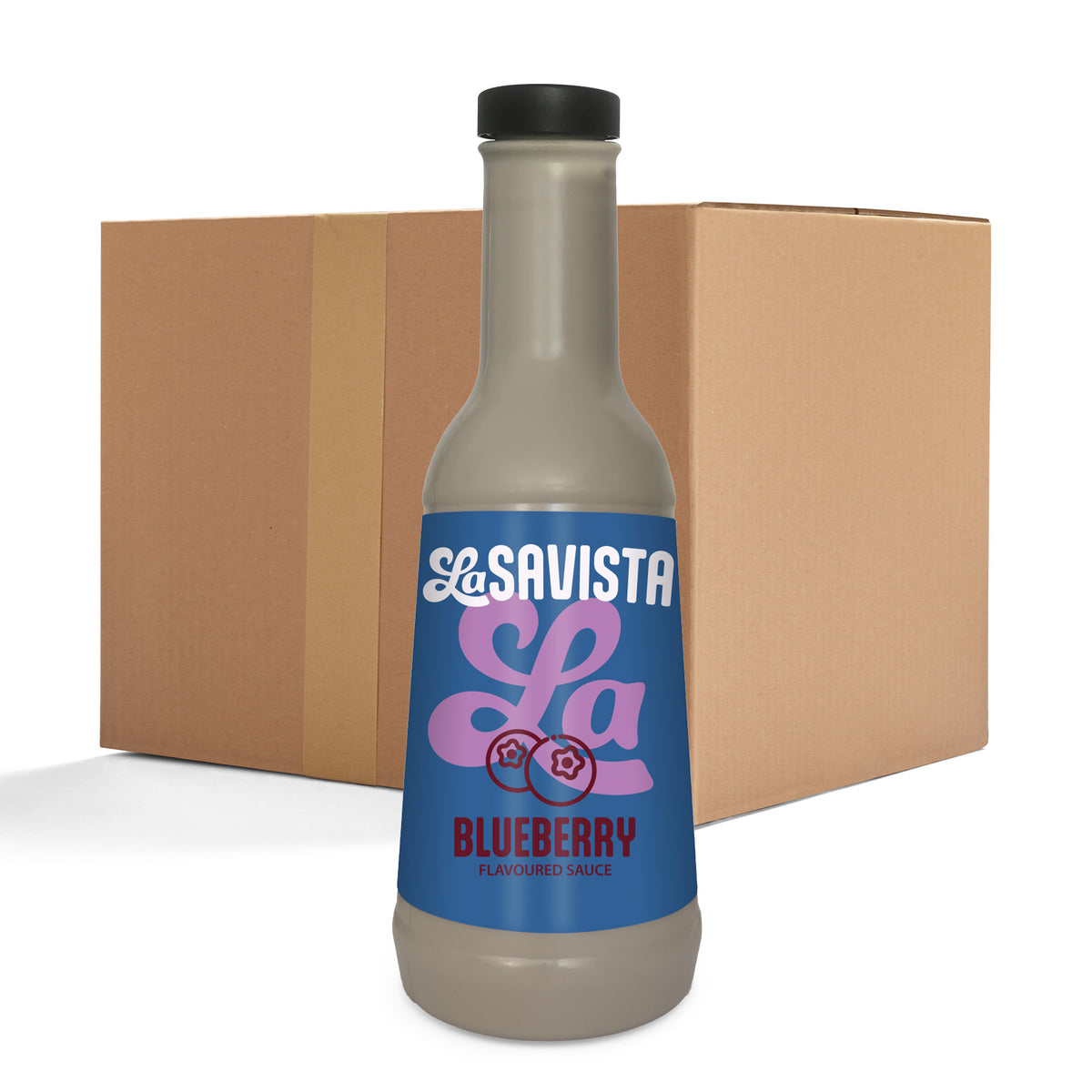 A bottle of LaSavista Blueberry Flavoured Sauce in the foreground, with a large brown cardboard shipping box behind it on a white background.