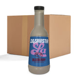 A bottle of LaSavista Blueberry Flavoured Sauce in the foreground, with a large brown cardboard shipping box behind it on a white background.