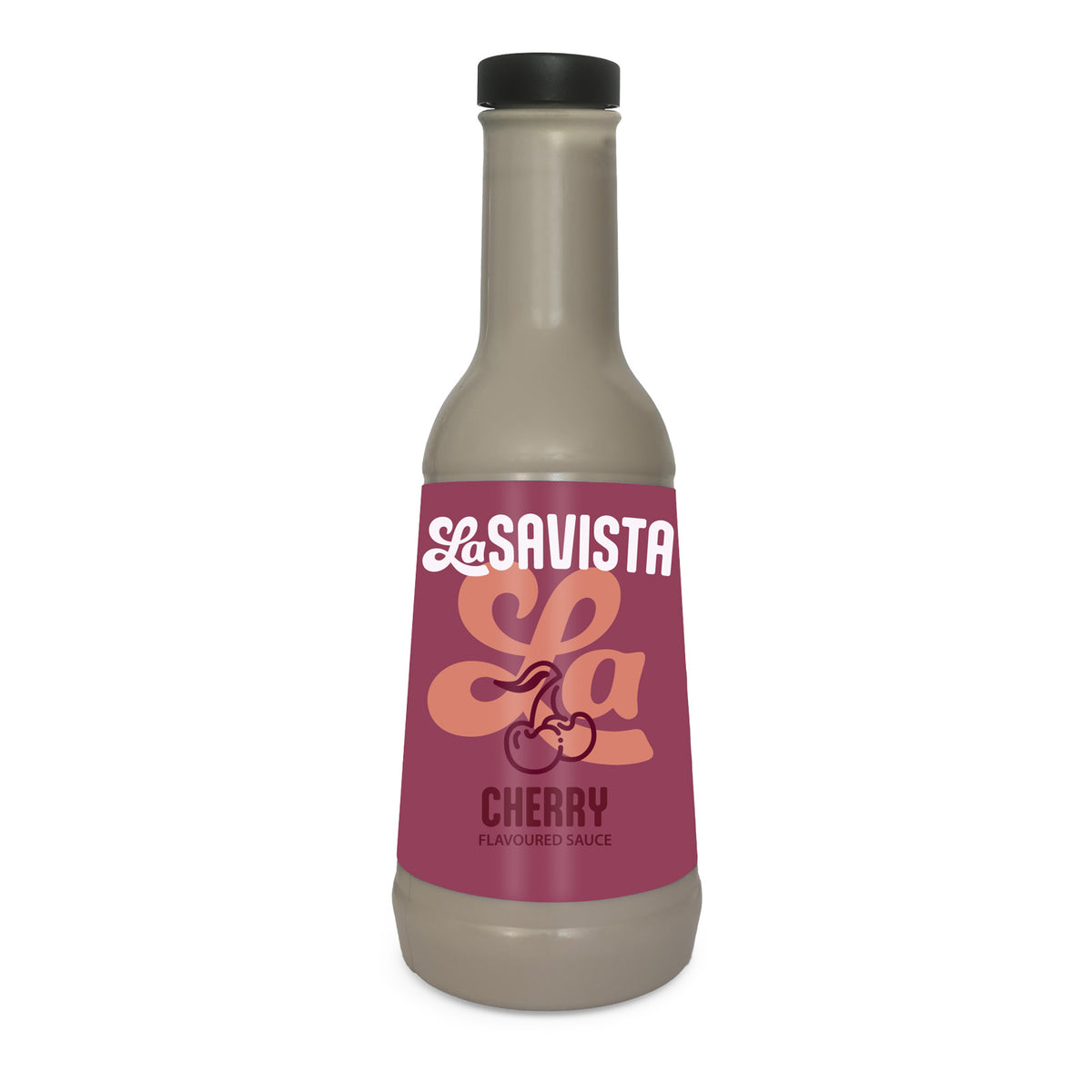 A bottle of LaSAVISTA Cherry Flavoured Sauce on a plain white background. 