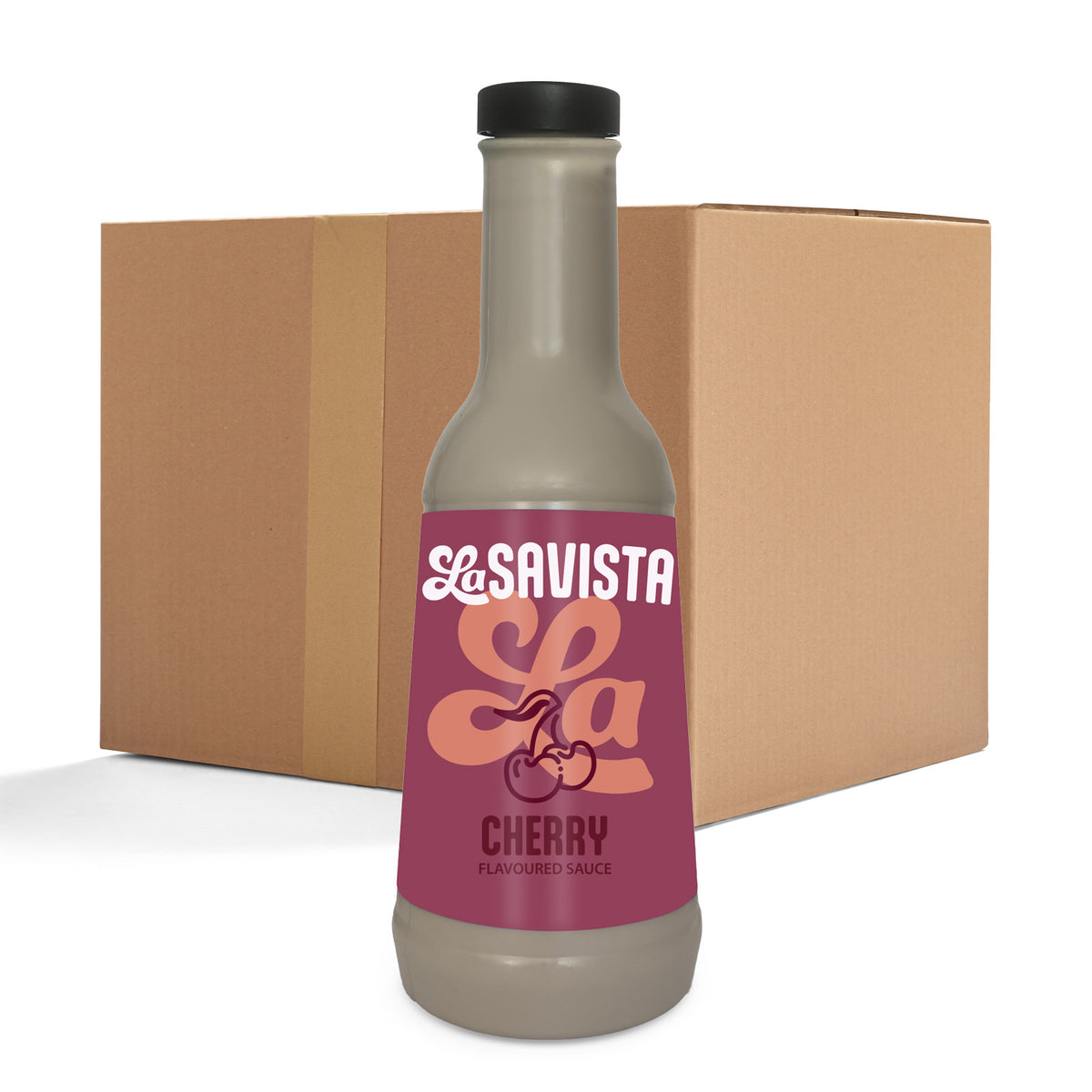 A bottle of LaSavista Cherry Flavoured Sauce in the foreground with a brown cardboard shipping box behind it on a white background.