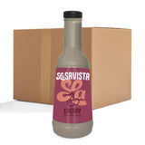 A bottle of LaSavista Cherry Flavoured Sauce in the foreground with a brown cardboard shipping box behind it on a white background.