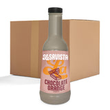 A bottle of La Savista Chocolate Orange syrup positioned in front of a brown cardboard shipping box on a white background.