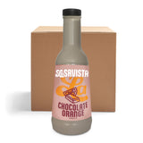 A bottle of La Savista Chocolate Orange Sauce stands in front of a brown cardboard box on a white background. 