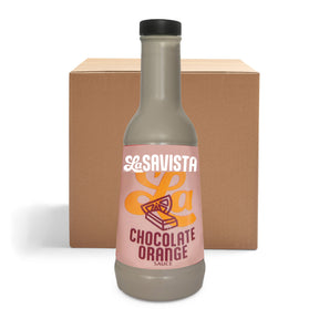 A bottle of La Savista Chocolate Orange Sauce stands in front of a brown cardboard box on a white background. 