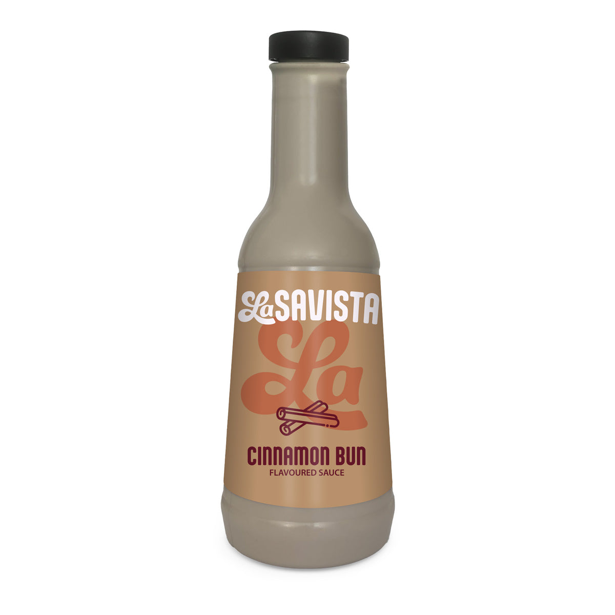A bottle of LaSavista La Cinnamon Bun Flavoured Sauce on a plain white background. The bottle is a frosted light beige colour with a black cap and a tan label featuring the LaSavista brand logo and cinnamon bun text.