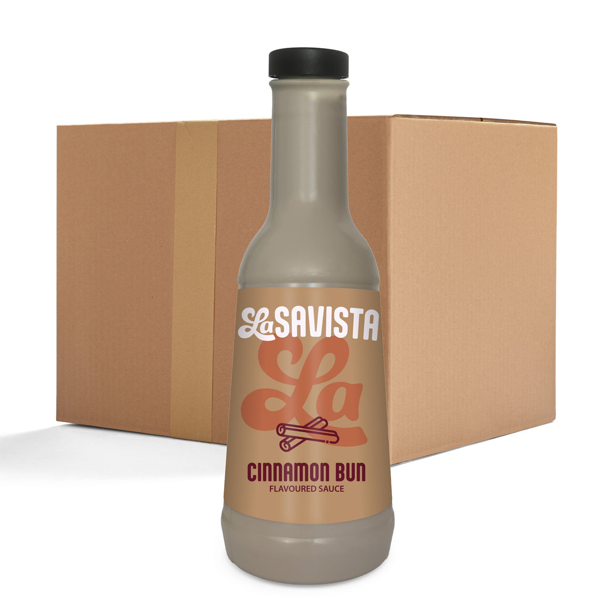 A bottle of LaSavista La Cinnamon Bun Flavoured Sauce in the foreground, with a large brown cardboard shipping box behind it on a white background.