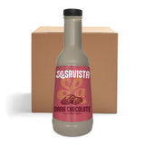 A bottle of LaSavista Dark Chocolate Flavoured Sauce in front of its brown cardboard packaging box, set against a plain white background.