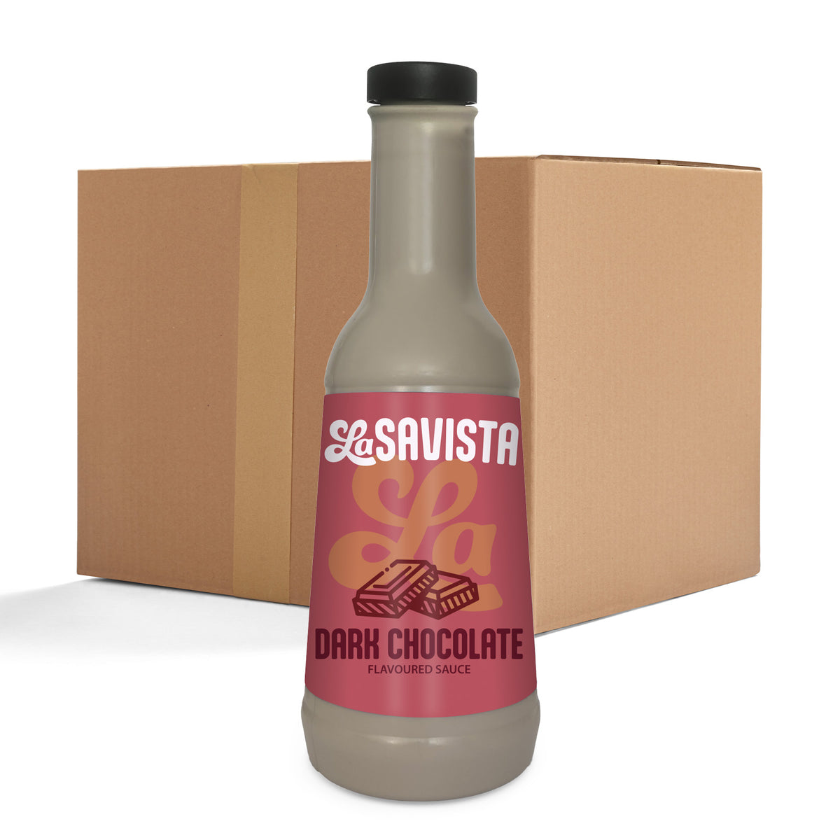 A bottle of LaSavista Dark Chocolate Flavoured Sauce in the foreground, with a large brown cardboard box behind it on a white studio background.