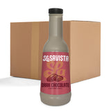 A bottle of LaSavista Dark Chocolate Flavoured Sauce in the foreground, with a large brown cardboard box behind it on a white studio background.