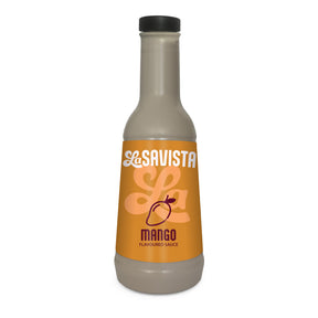 A bottle of LaSavista Mango Flavoured Sauce on a plain white background. The bottle is filled with a light beige sauce and features a bright orange label with white and dark red text, topped with a black cap.
