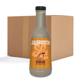 A bottle of LaSavista Mango Flavoured Sauce in the foreground with its cardboard shipping box behind it on a white background.