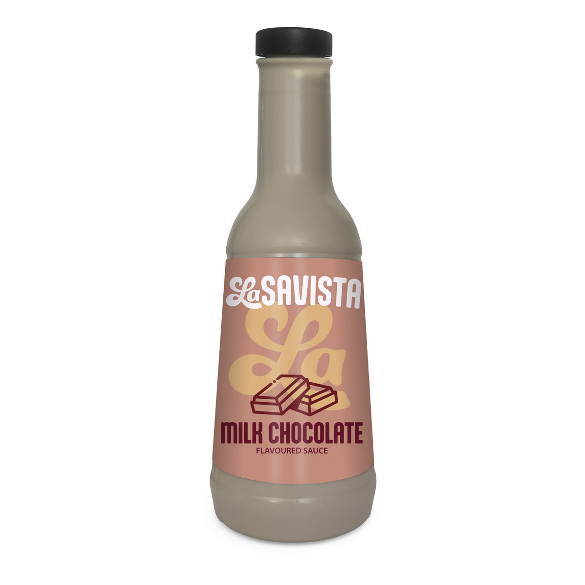 A bottle of LaSavista Milk Chocolate Flavoured Sauce on a plain white background. The bottle has a dusty pink label with gold and white lettering, and a black cap.