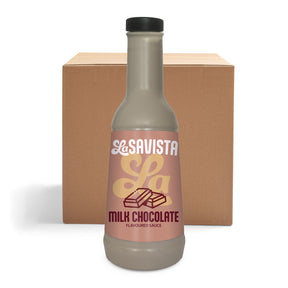A bottle of LaSavista Milk Chocolate Flavoured Sauce in front of a brown cardboard box, set against a plain white background.