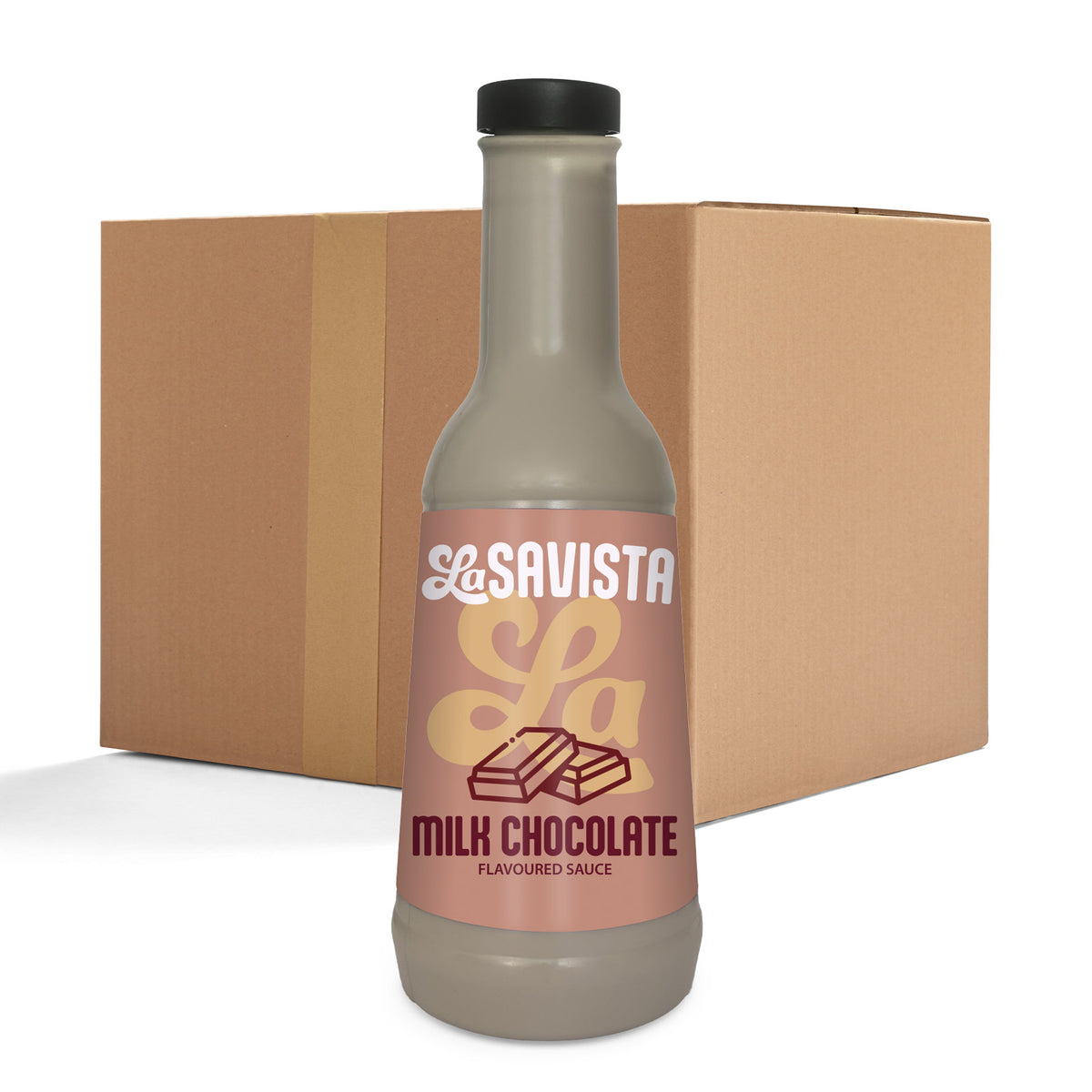 A bottle of La avista Milk Chocolate Flavoured Sauce in the foreground, with a large brown cardboard shipping box behind it on a white background.