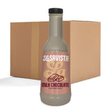 A bottle of La avista Milk Chocolate Flavoured Sauce in the foreground, with a large brown cardboard shipping box behind it on a white background.