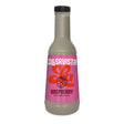 A bottle of LaSavista Raspberry Flavoured Sauce on a plain white background. The bottle is filled with a light greyish-brown sauce, has a black cap, and features a bright pink label with orange and white branding.