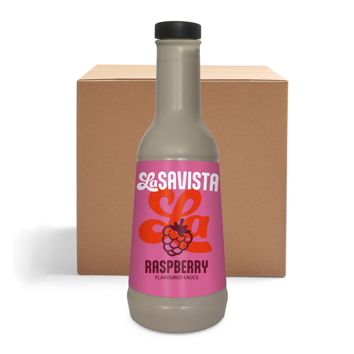 A bottle of LaSavista Raspberry Flavoured Sauce in front of a brown cardboard box on a white background.