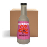 A bottle of LaSavista Raspberry Flavoured Sauce in front of a brown cardboard box on a white background.