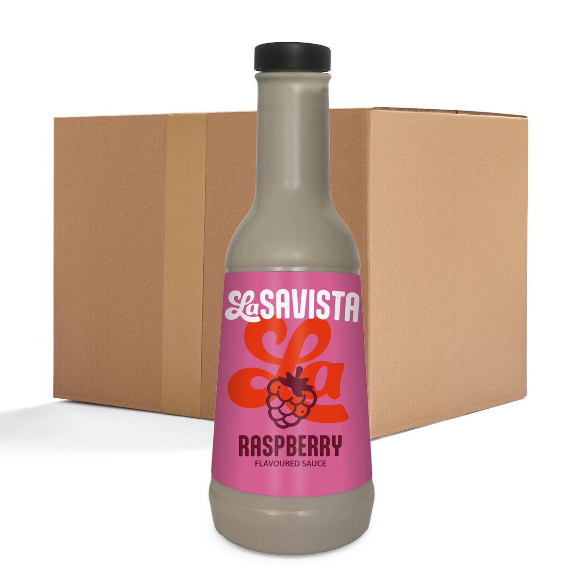 A bottle of LaSavista Raspberry Flavoured Sauce in the foreground with its pink label clearly visible, set against a plain brown cardboard box on a white background.