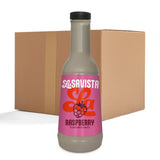 A bottle of LaSavista Raspberry Flavoured Sauce in the foreground with its pink label clearly visible, set against a plain brown cardboard box on a white background.