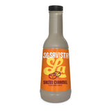A bottle of Savista La Salted Caramel Flavoured Sauce on a plain white background. 