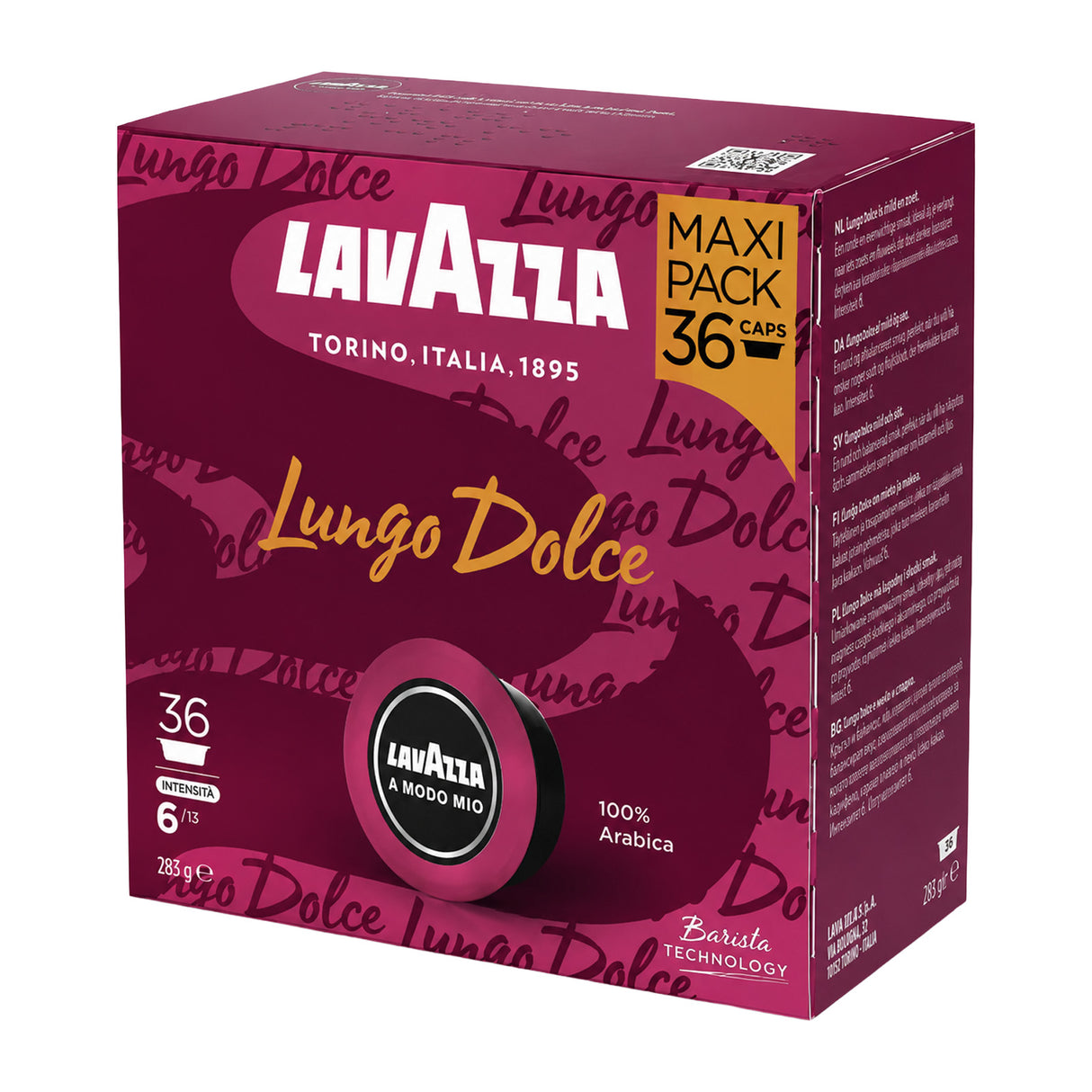 Lavazza Lungo Dolce Maxi Pack coffee capsule box, 36 capsules, featuring a deep magenta and purple design with gold and white branding.