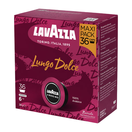 Lavazza Lungo Dolce Maxi Pack coffee capsule box, 36 capsules, featuring a deep magenta and purple design with gold and white branding.