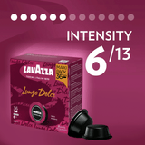 Lavazza Lungo Dolce coffee capsule box in dark burgundy with two black capsules in front, on a magenta gradient background with large white text reading 'INTENSITY 6/13'.