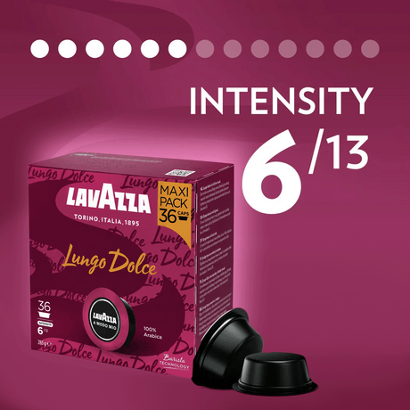 Lavazza Lungo Dolce coffee capsule box in dark burgundy with two black capsules in front, on a magenta gradient background with large white text reading 'INTENSITY 6/13'.