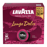 Lavazza Lungo Dolce coffee capsule box, featuring a deep magenta and burgundy design with gold and white text, containing 36 capsules.