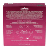 The back of a Lavazza Barista Technology coffee capsule box, featuring detailed product information in Italian on a deep magenta background.