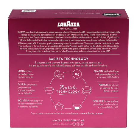 The back of a Lavazza Barista Technology coffee capsule box, featuring detailed product information in Italian on a deep magenta background.