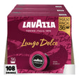 Lavazza Lungo Dolce coffee capsule maxi pack, 36-pack (108 drinks), featuring a deep magenta and burgundy design with gold and white branding.